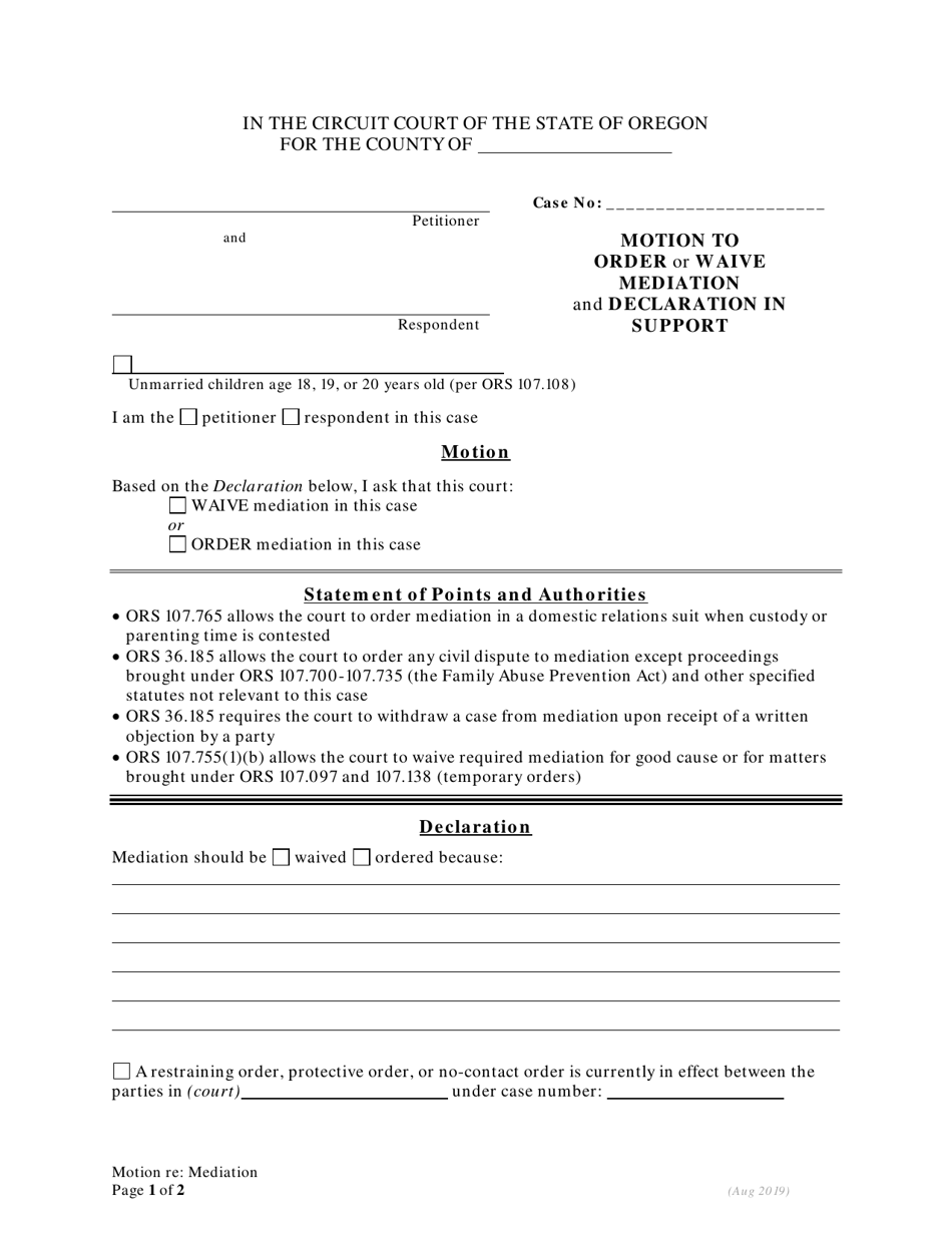 Motion to Order or Waive Mediation and Declaration in Support - Oregon, Page 1