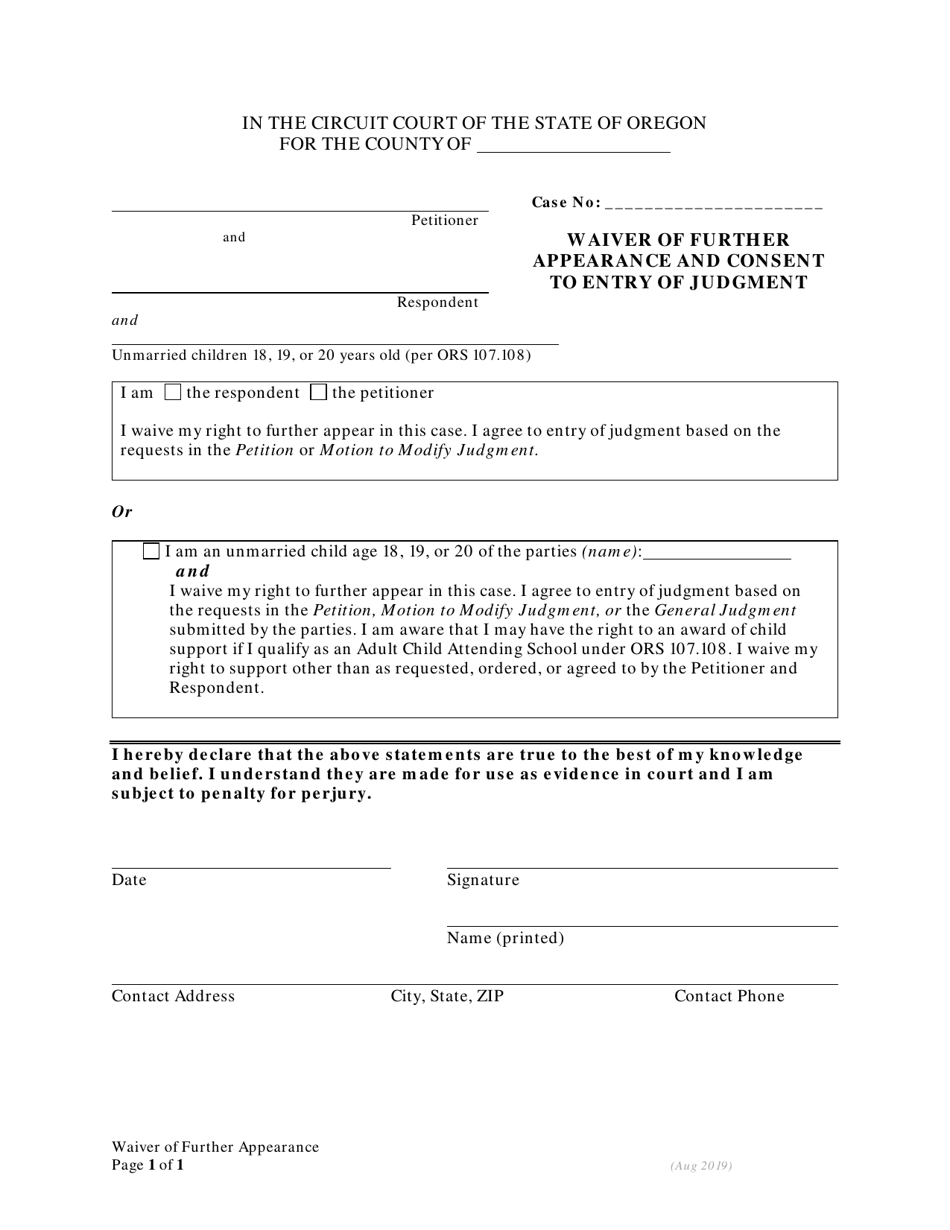 Waiver of Further Appearance and Consent to Entry of Judgment - Oregon, Page 1