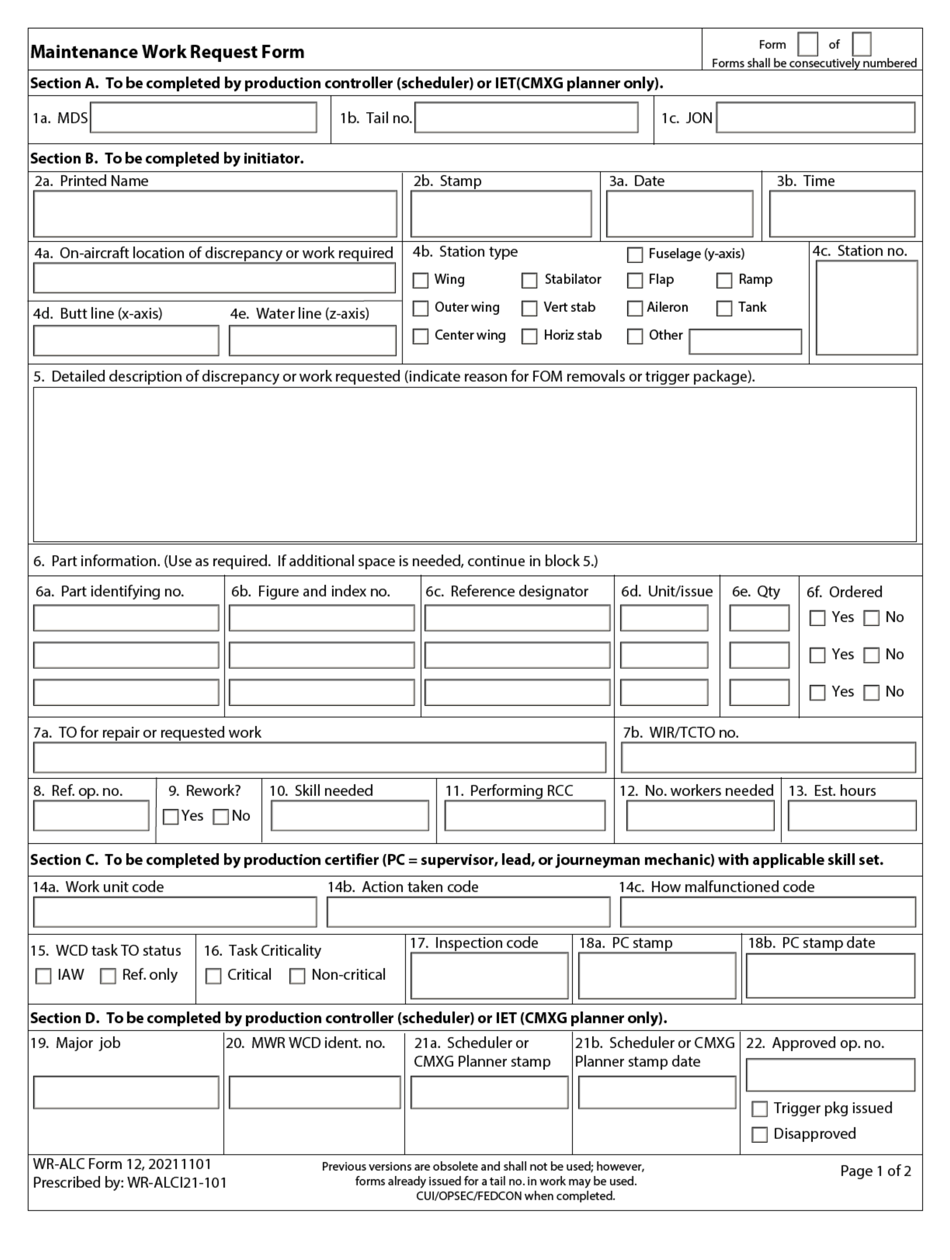WR-ALC Form 12 Maintenance Work Request Form, Page 1