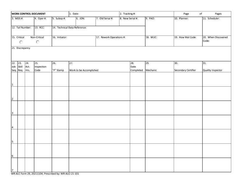 WR-ALC Form 29 Work Control Document