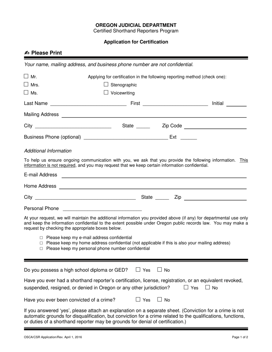 Application for Initial Certification - Certified Shorthand Reporters Program - Oregon, Page 1