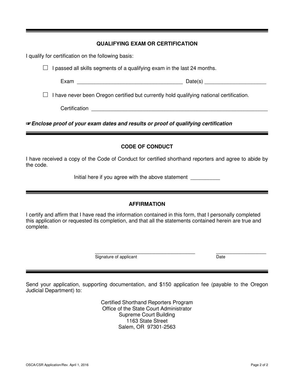 Application for Initial Certification - Certified Shorthand Reporters Program - Oregon, Page 2