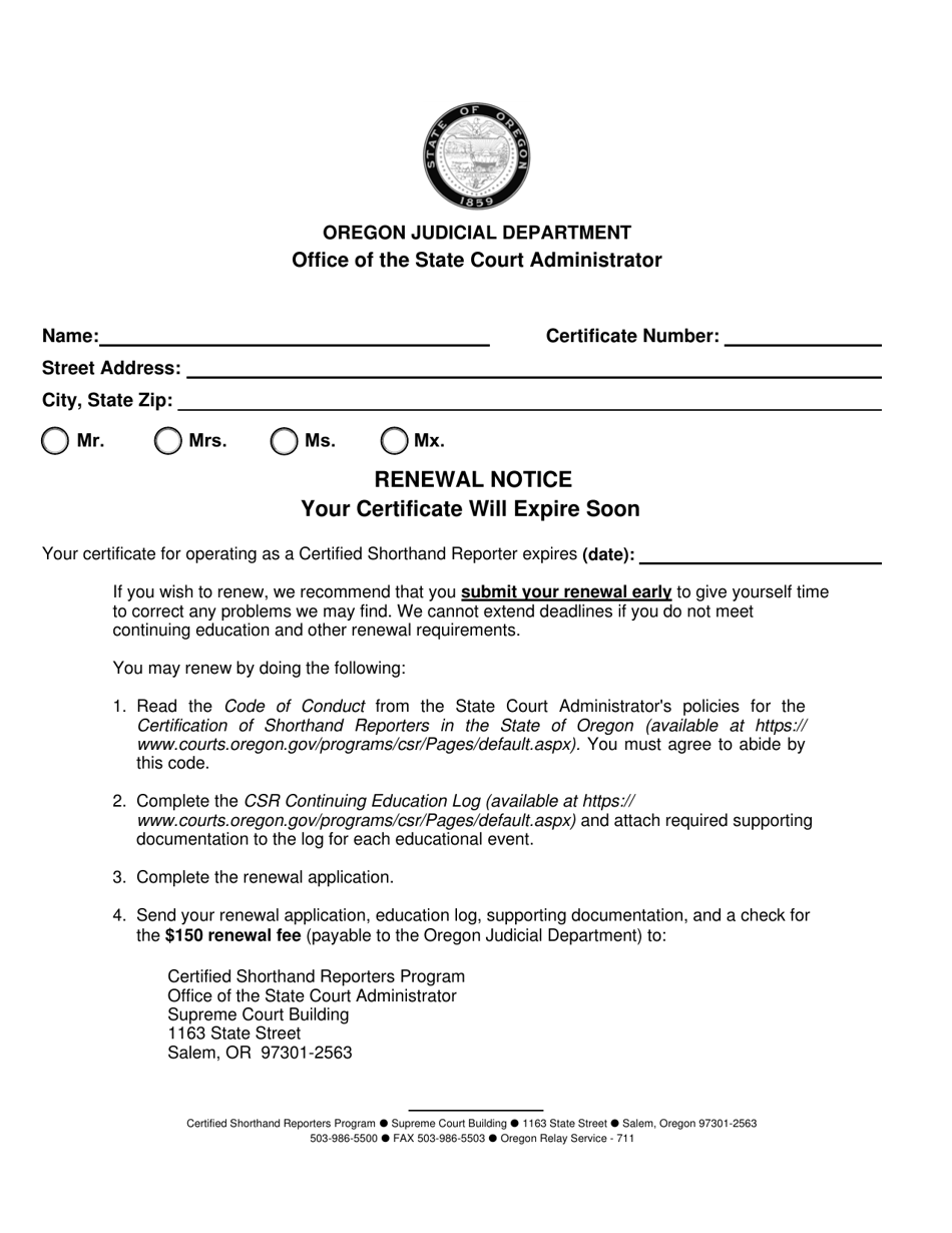 Certified Shorthand Reporter Renewal Application - Oregon, Page 1