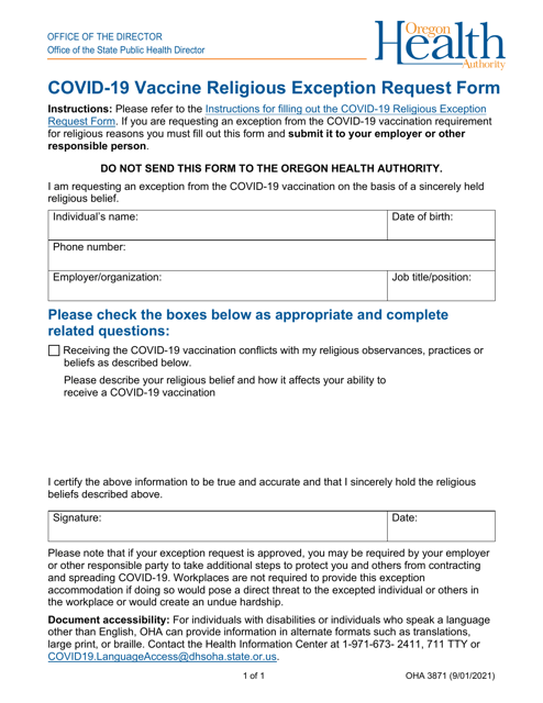 Form OHA3871 Covid-19 Vaccine Religious Exception Request Form - Oregon