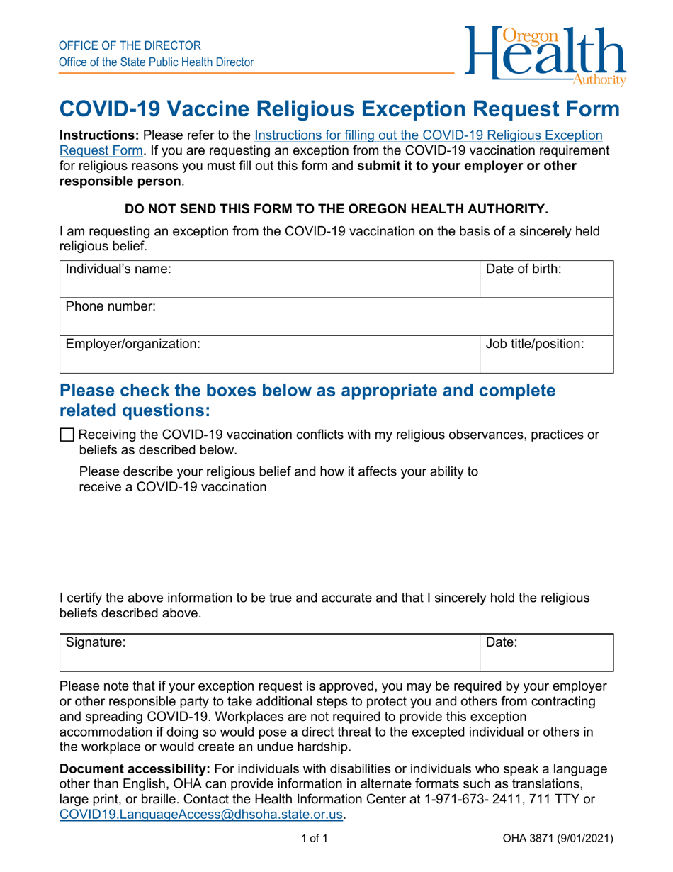 Form OHA3871 Covid-19 Vaccine Religious Exception Request Form - Oregon, Page 1
