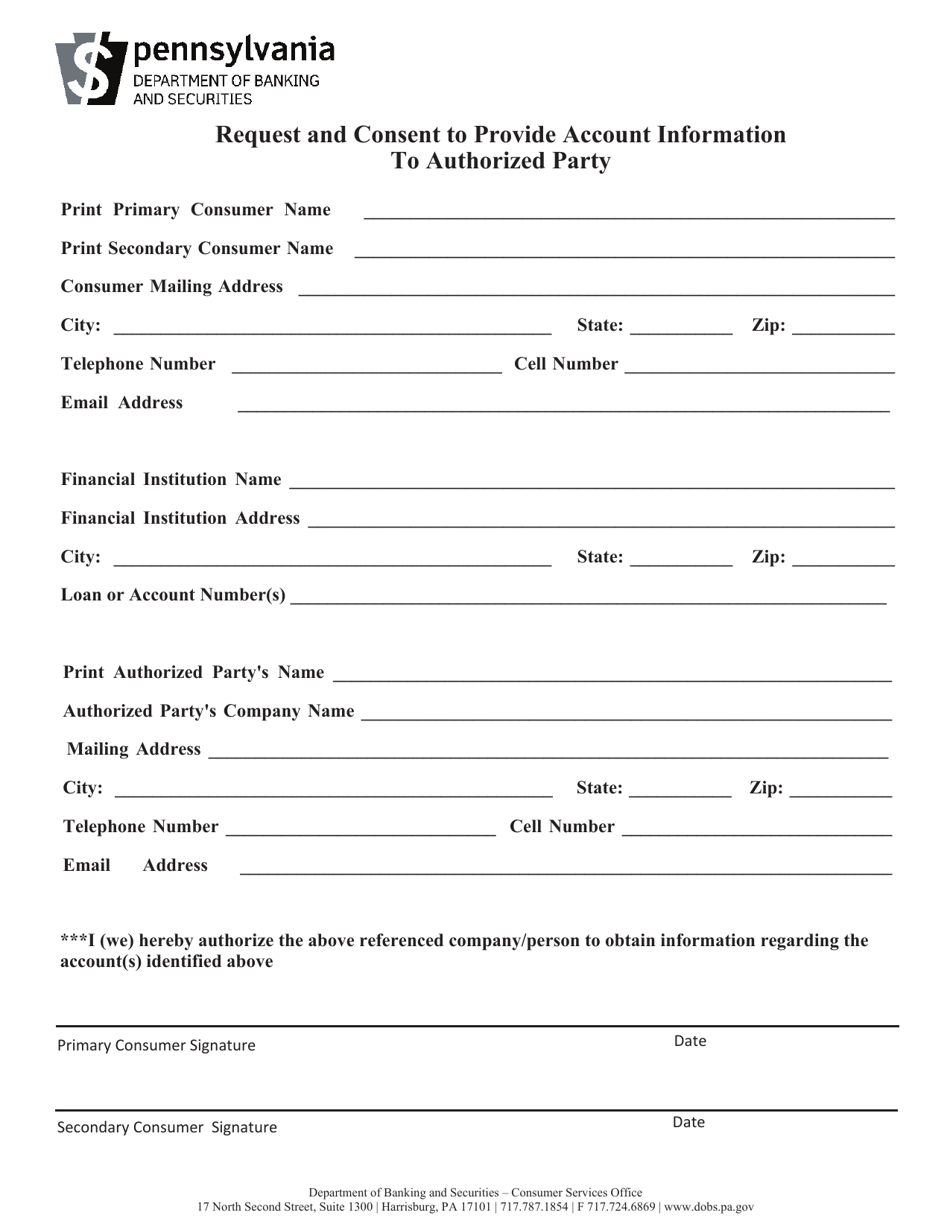 Request and Consent to Provide Account Information to Authorized Party - Pennsylvania, Page 1