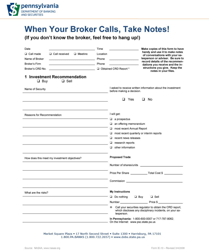 Form IE-10 &quot;' when Your Broker Calls, Take Notes&quot; - Pennsylvania
