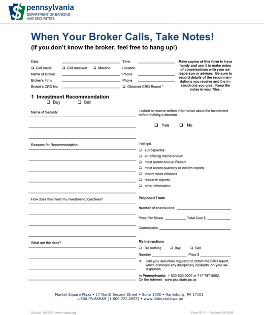 Form IE-10 when Your Broker Calls, Take Notes - Pennsylvania
