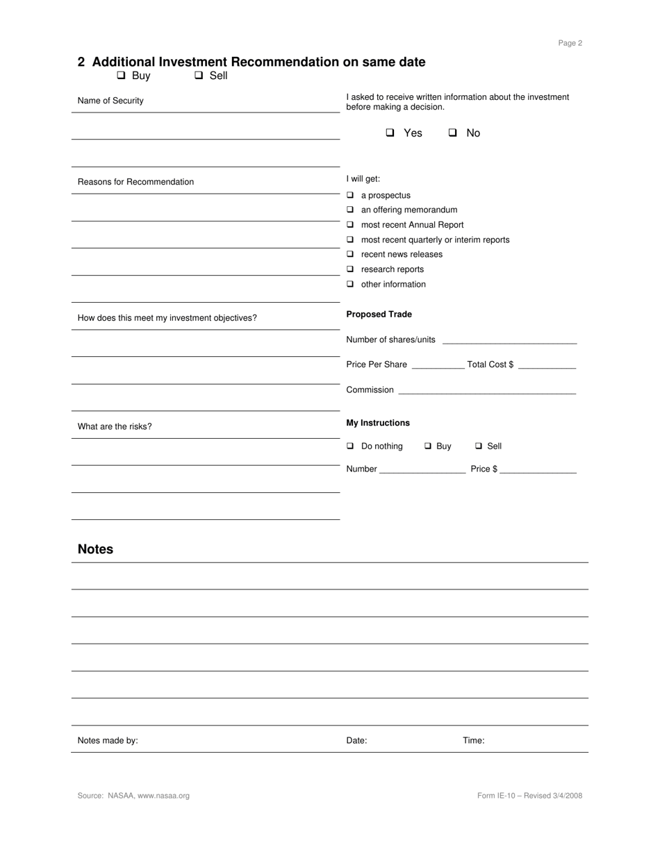 Form IE-10 when Your Broker Calls, Take Notes - Pennsylvania, Page 2