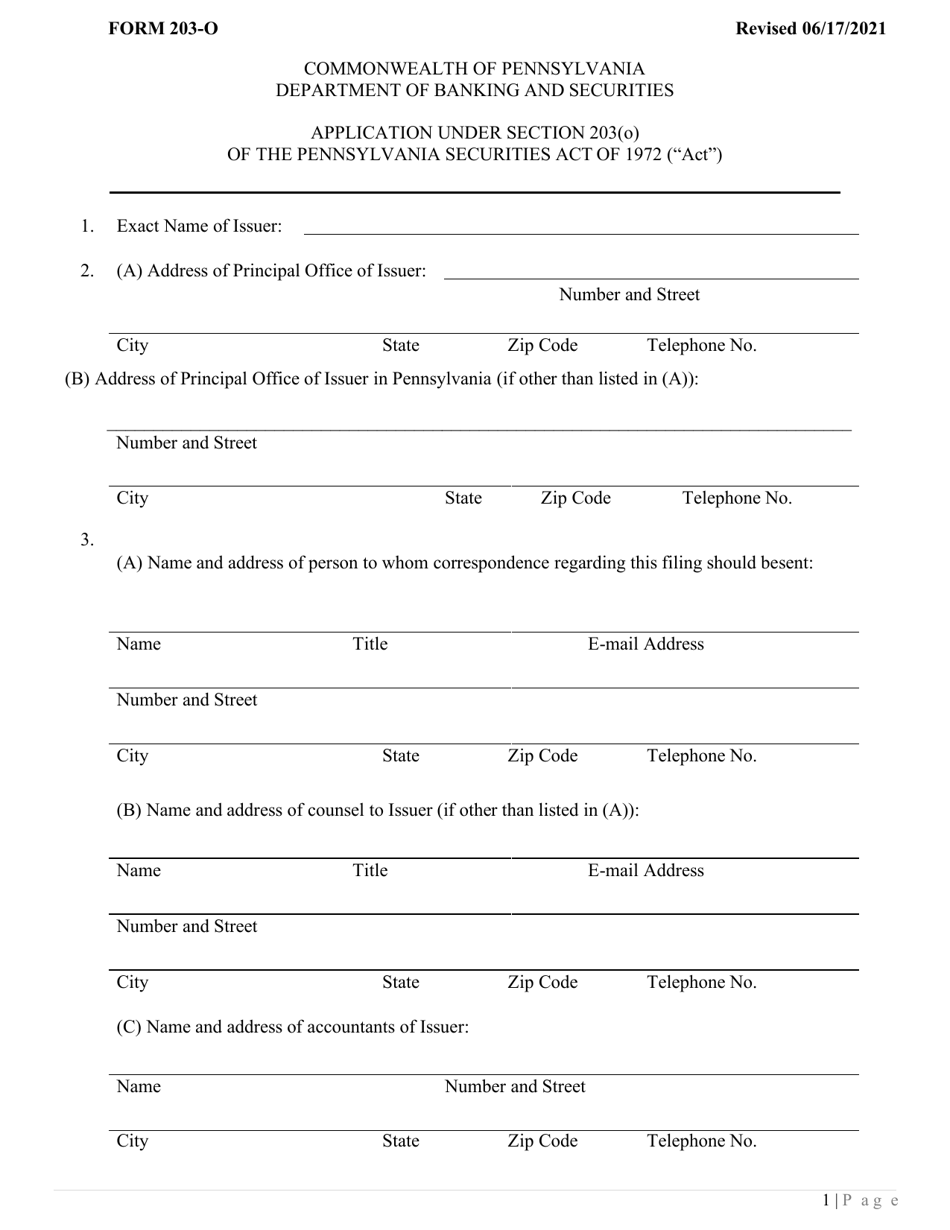 Form 203-O Application Under Section 203(O) of the Pennsylvania Securities Act of 1972 - Pennsylvania, Page 3