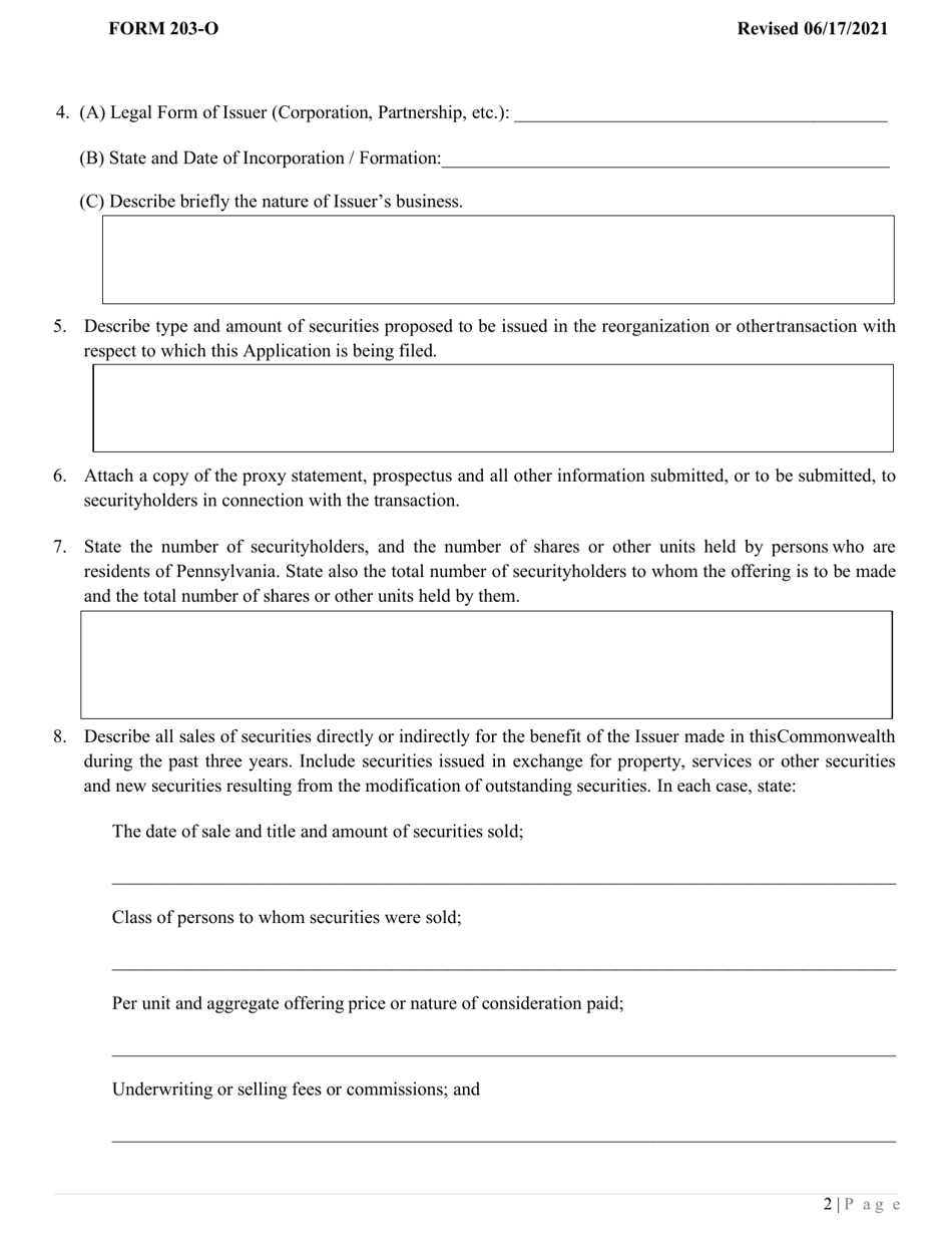 Form 203-O Application Under Section 203(O) of the Pennsylvania Securities Act of 1972 - Pennsylvania, Page 4