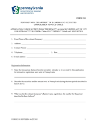 Form 210 Application Under Section 210 of the Pennsylvania Securities Act of 1972 for Retroactive Registration of Investment Company Securities - Pennsylvania, Page 3