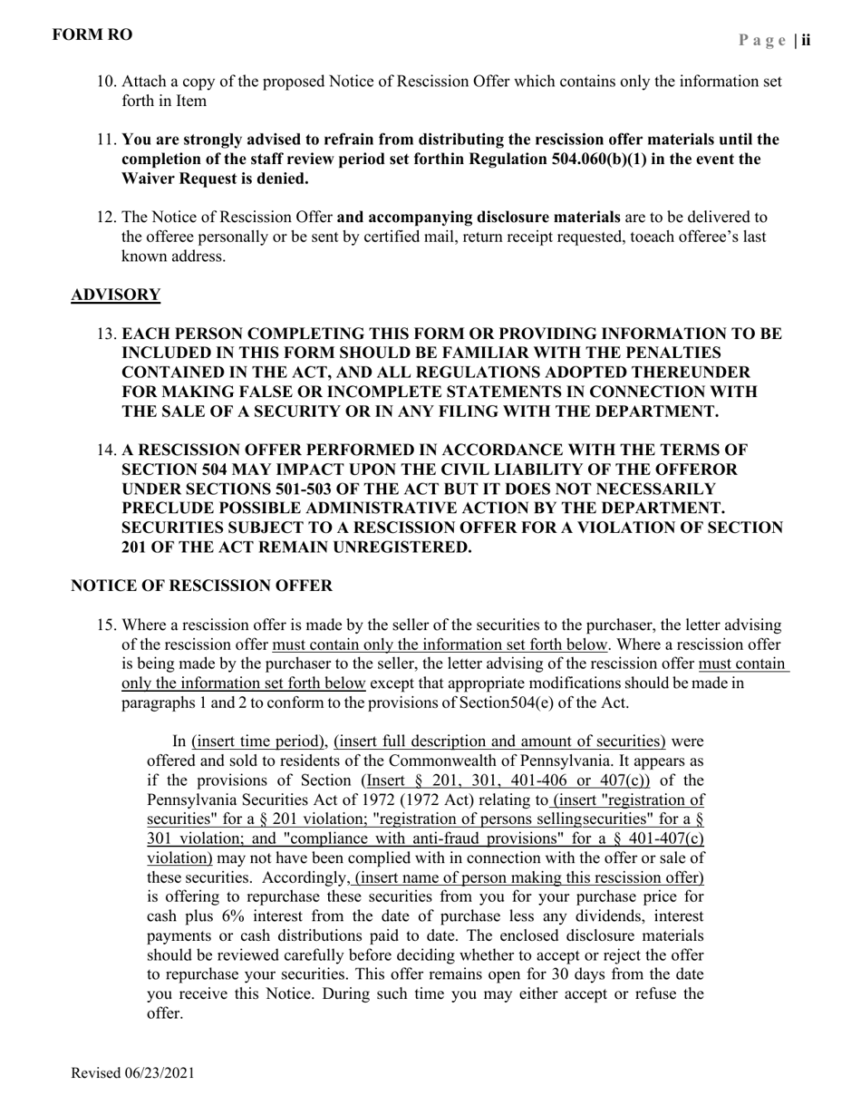 Form RO Request for Waiver of Procedures Under Regulation 504.060(B) Rescission Offers - Pennsylvania, Page 2