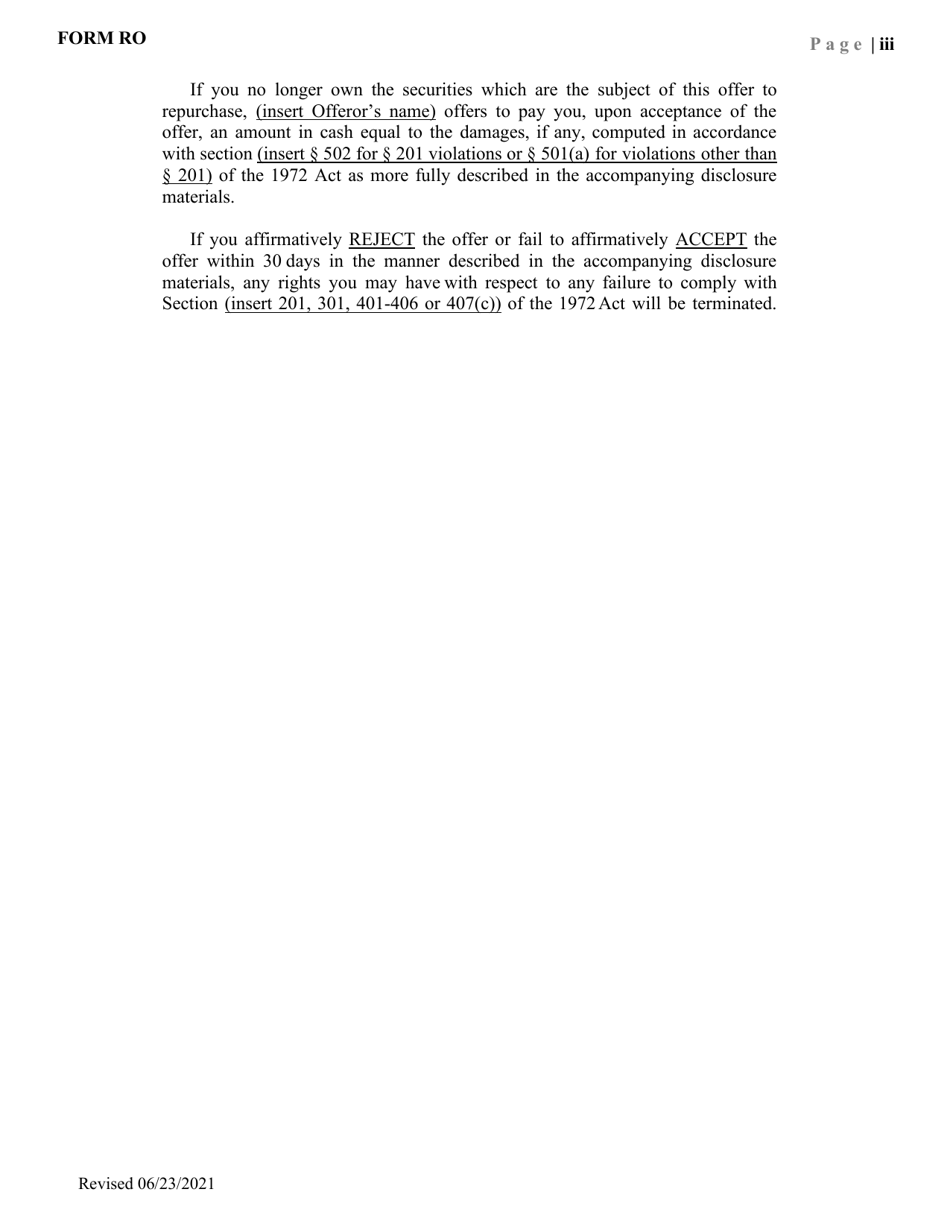 Form RO Request for Waiver of Procedures Under Regulation 504.060(B) Rescission Offers - Pennsylvania, Page 3