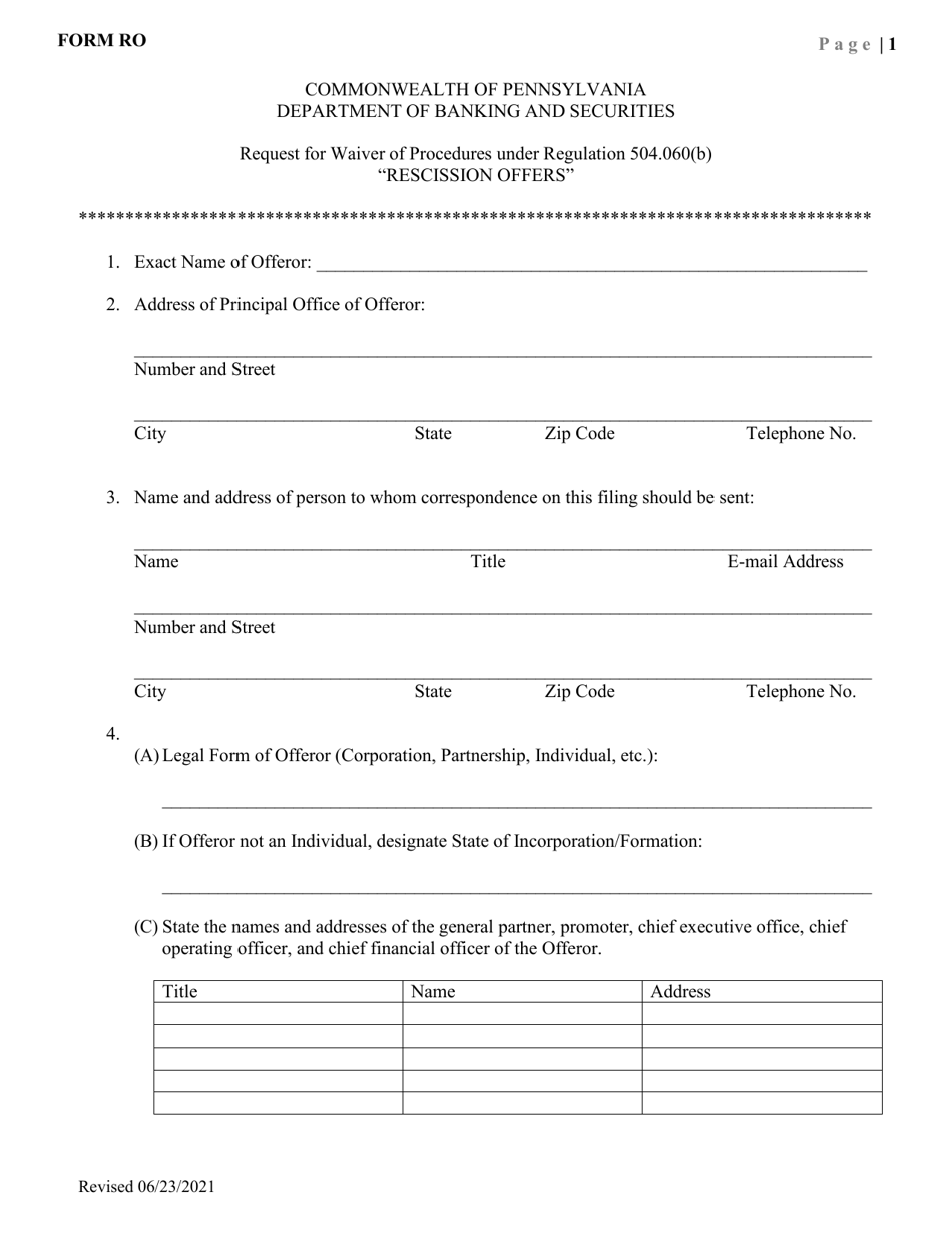 Form RO Request for Waiver of Procedures Under Regulation 504.060(B) Rescission Offers - Pennsylvania, Page 4