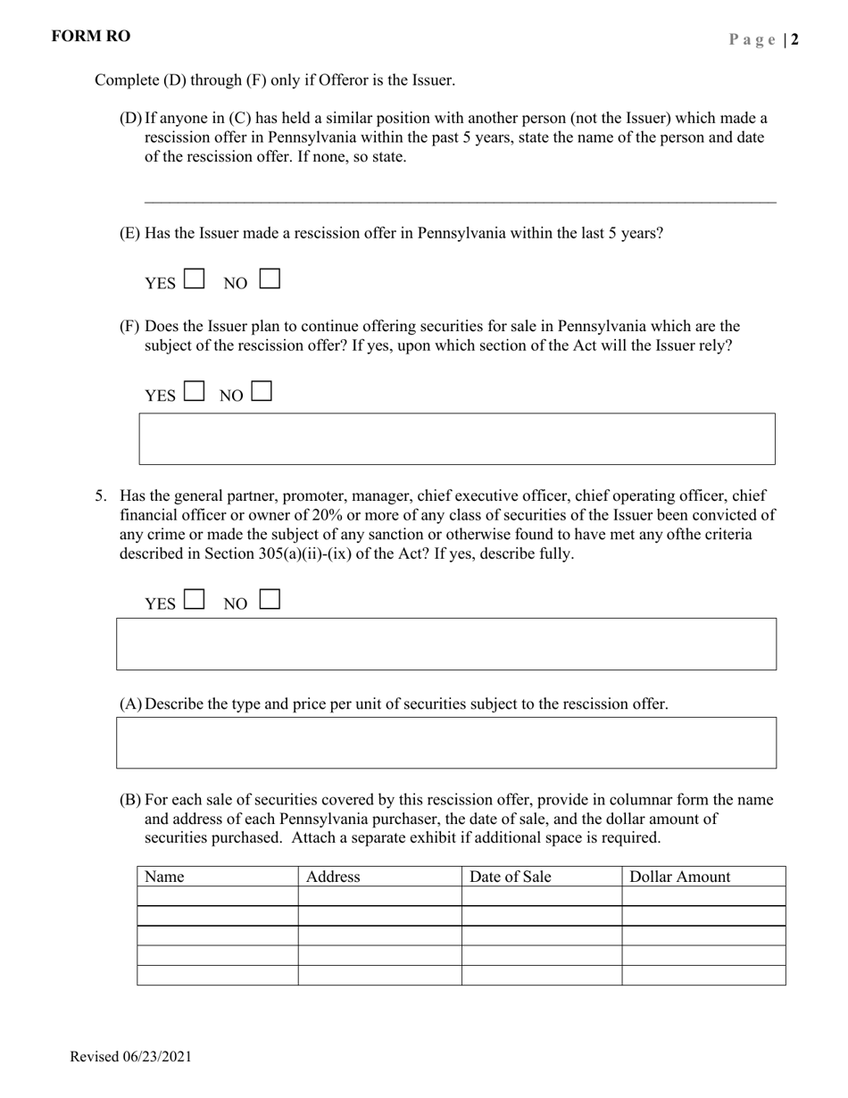 Form RO Request for Waiver of Procedures Under Regulation 504.060(B) Rescission Offers - Pennsylvania, Page 5