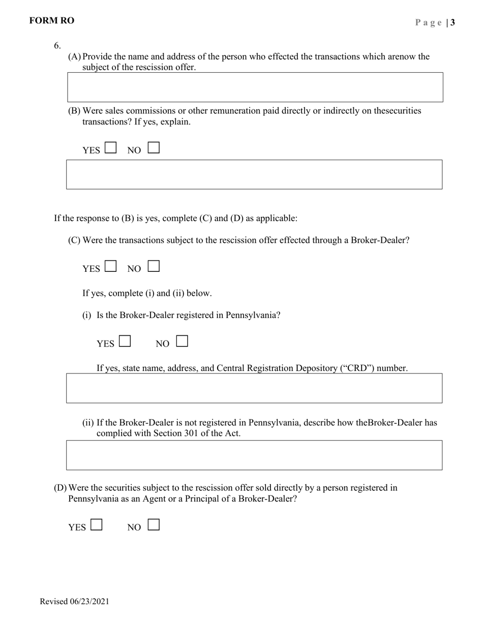 Form RO Request for Waiver of Procedures Under Regulation 504.060(B) Rescission Offers - Pennsylvania, Page 6