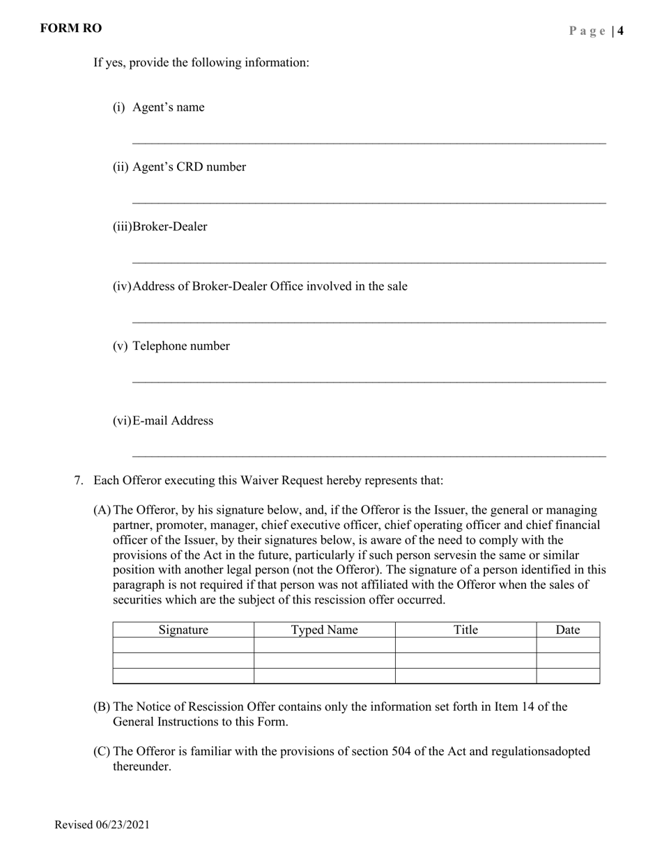 Form RO Request for Waiver of Procedures Under Regulation 504.060(B) Rescission Offers - Pennsylvania, Page 7