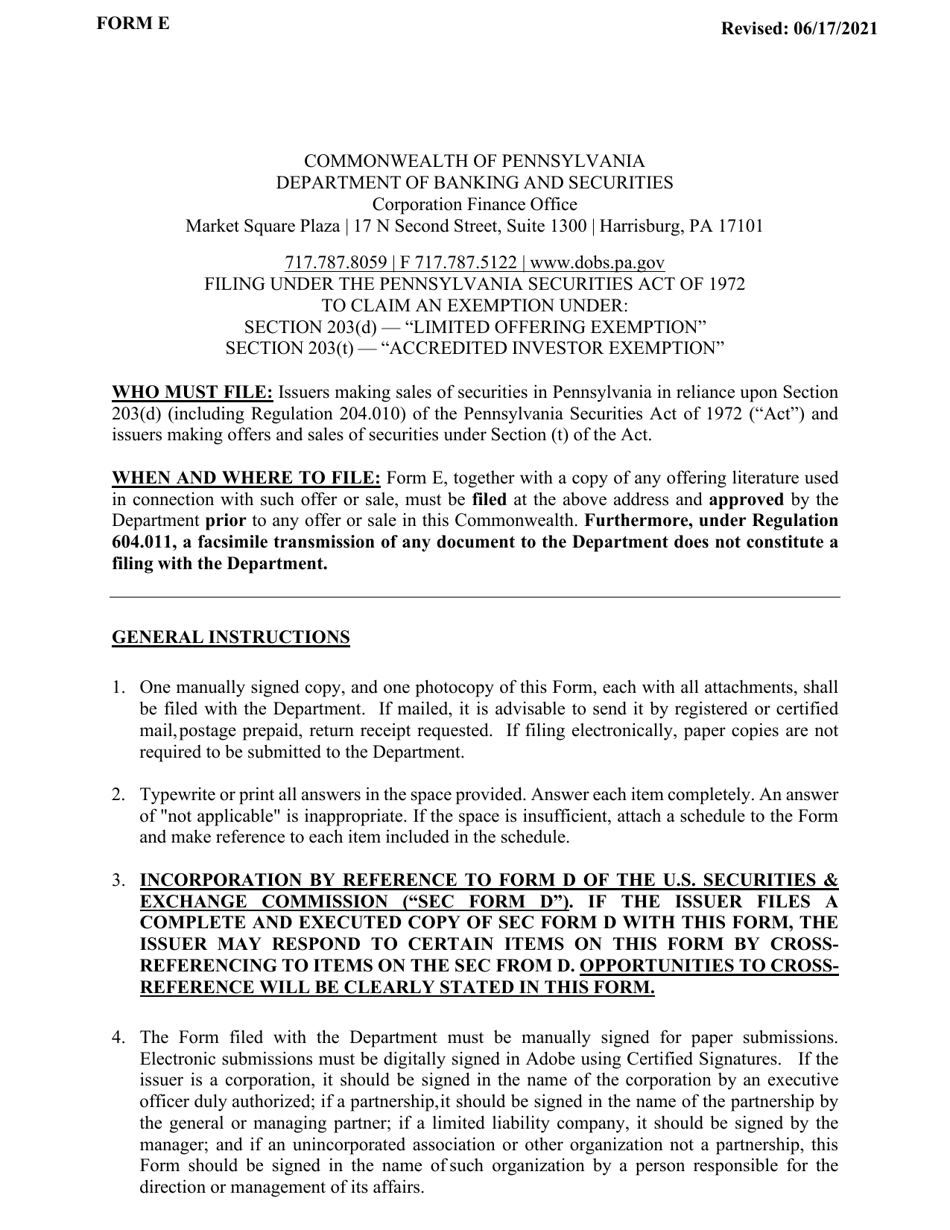 Form E Claim for Exemption Under Sections 203(D), 203(T) - Pennsylvania, Page 1