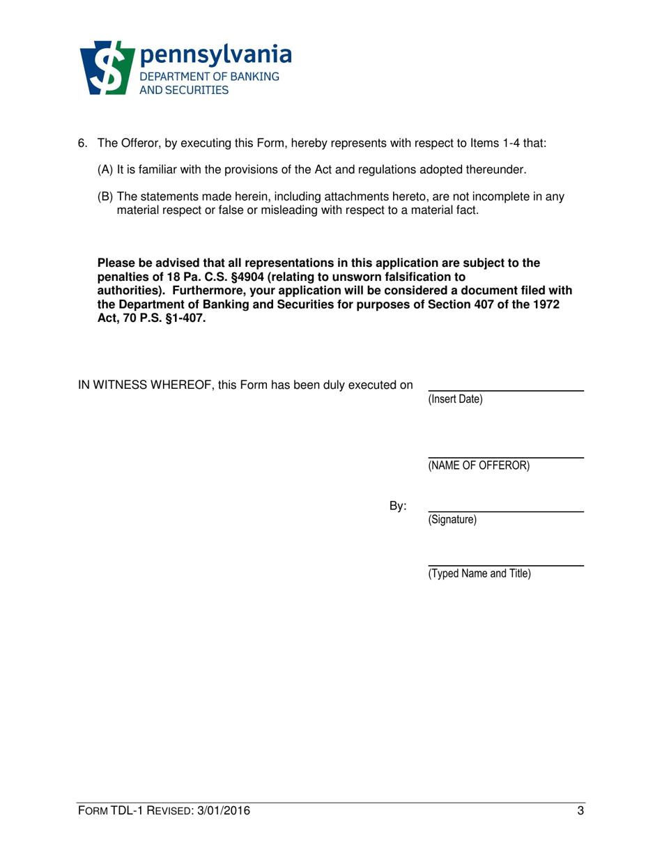 Form TDL-1 Takeover Offer or Report Regarding Participating Broker-Dealer and Affiliate Transactions With the Target Company - Pennsylvania, Page 3