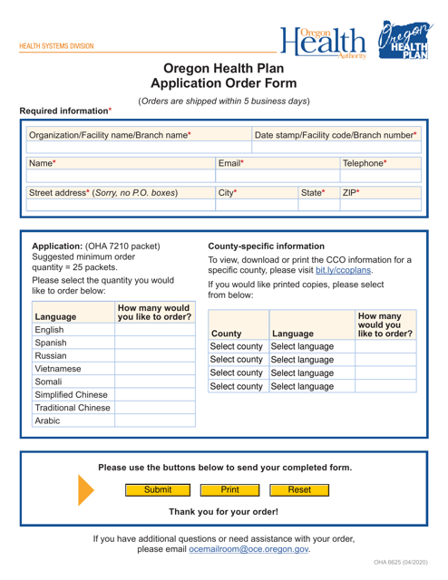 Form OHA6625 Oregon Health Plan Application Order Form - Oregon