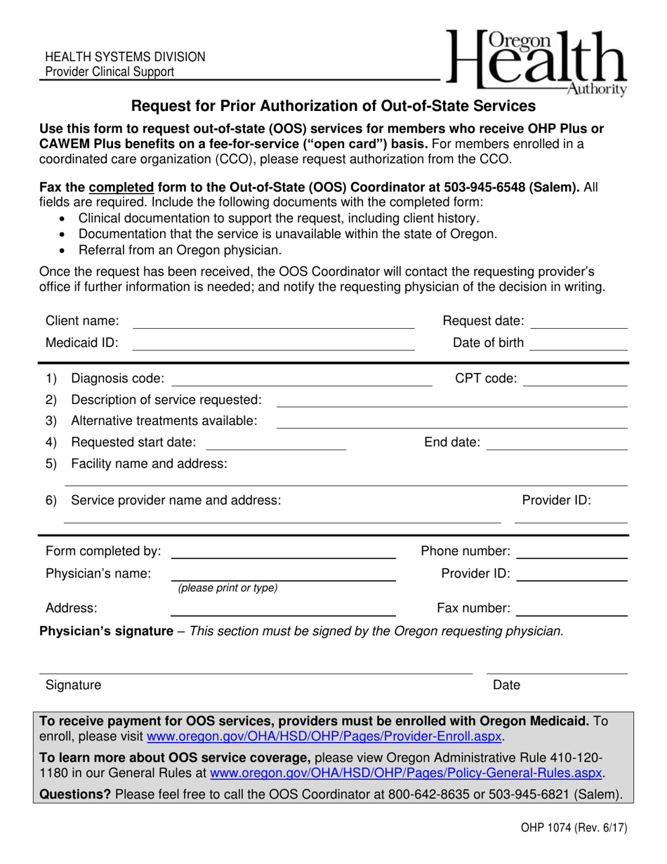 Form OHP1074 Request for Prior Authorization of Out-of-State Services - Oregon, Page 1