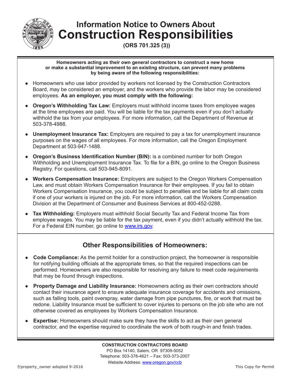 Information Notice to Owner About Construction Responsibilities - Oregon, Page 1