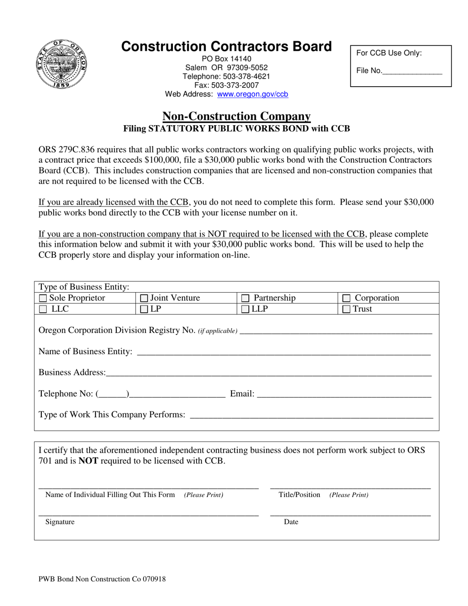 Oregon Nonconstruction Company Filing Statutory Public Works Bond With