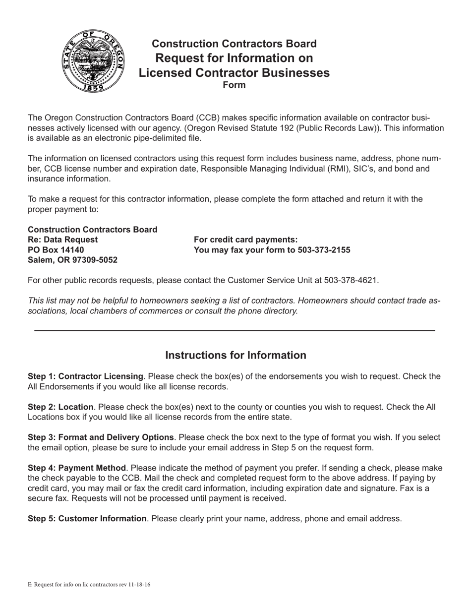 Request for Information on Licensed Contractor Businesses - Oregon, Page 1