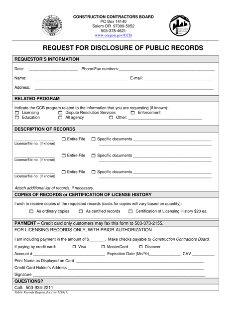 Request for Disclosure of Public Records - Oregon Download Pdf