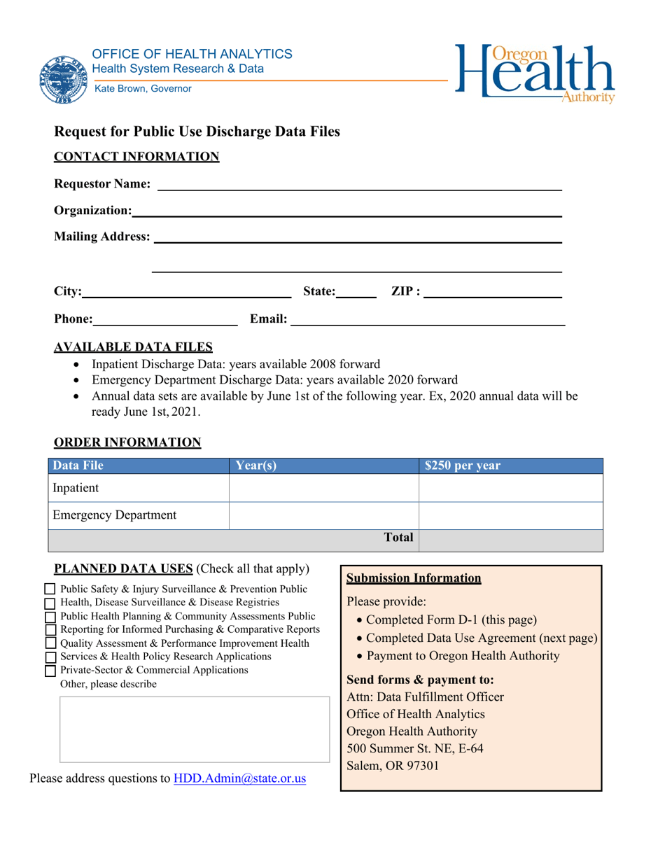 Form D-1 Request for Public Use Discharge Data Files - Oregon, Page 1
