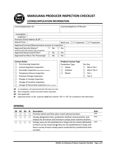 Marijuana Producer Inspection Checklist - Oregon Download Pdf