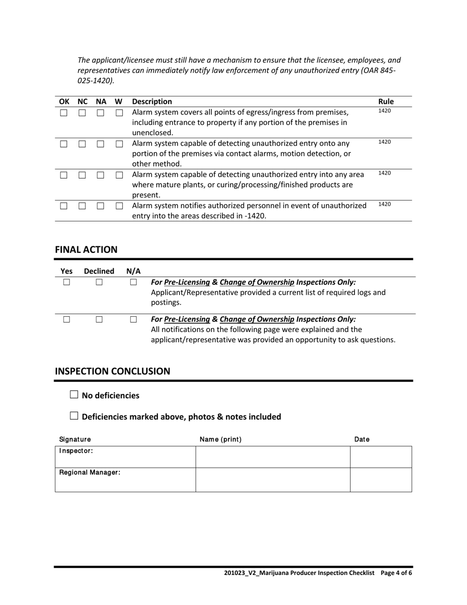 Marijuana Producer Inspection Checklist - Oregon, Page 4