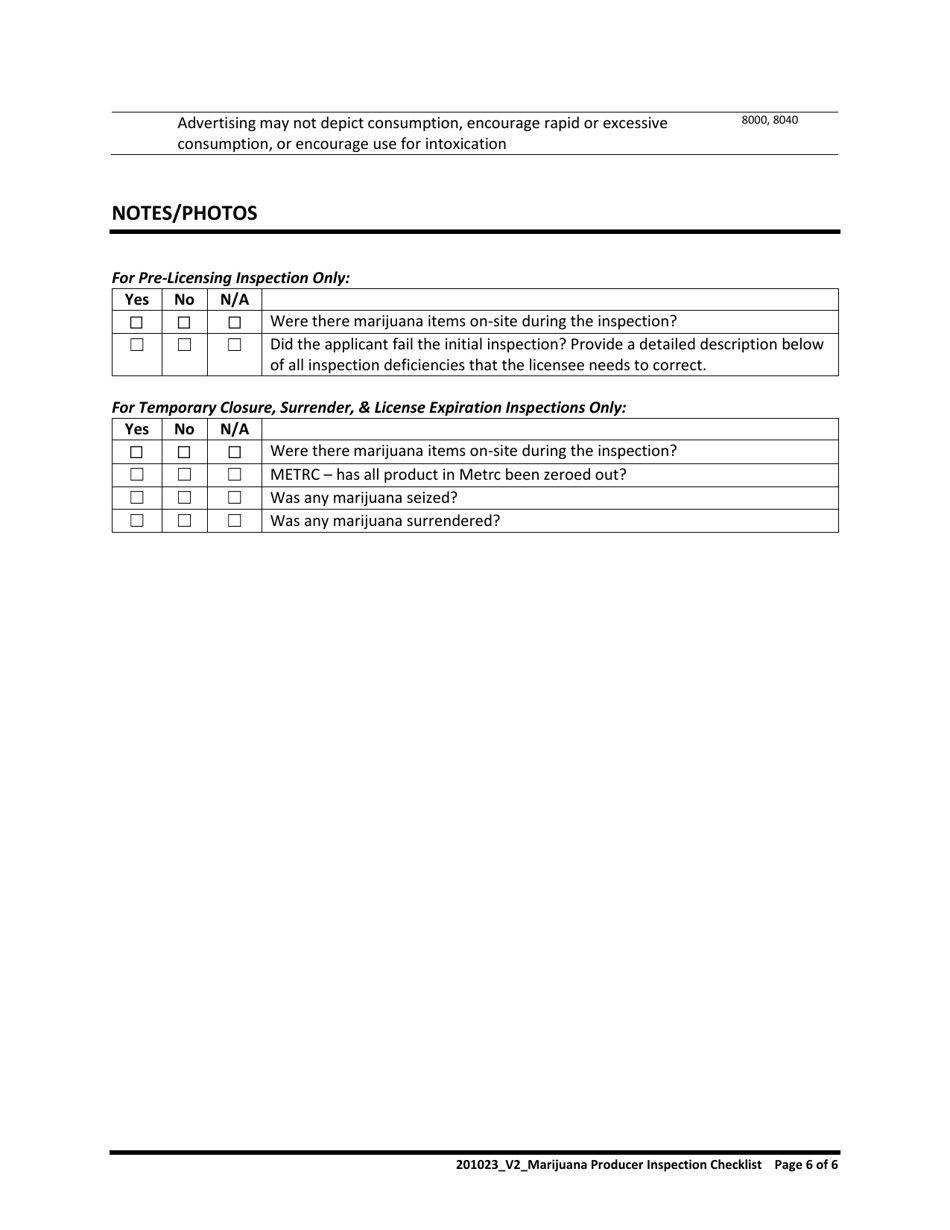 Marijuana Producer Inspection Checklist - Oregon, Page 6