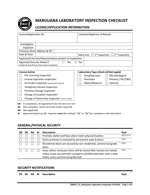 Marijuana Laboratory Inspection Checklist - Oregon