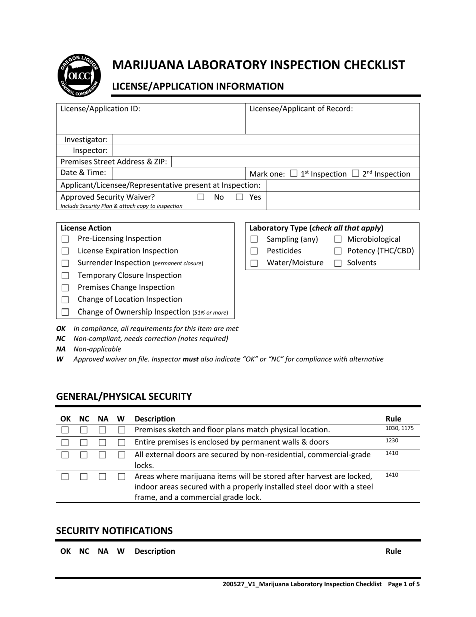 Marijuana Laboratory Inspection Checklist - Oregon, Page 1