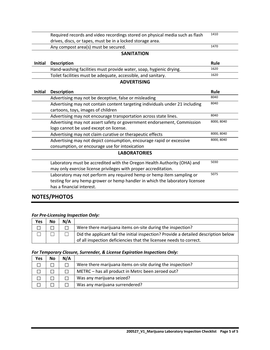 Marijuana Laboratory Inspection Checklist - Oregon, Page 5