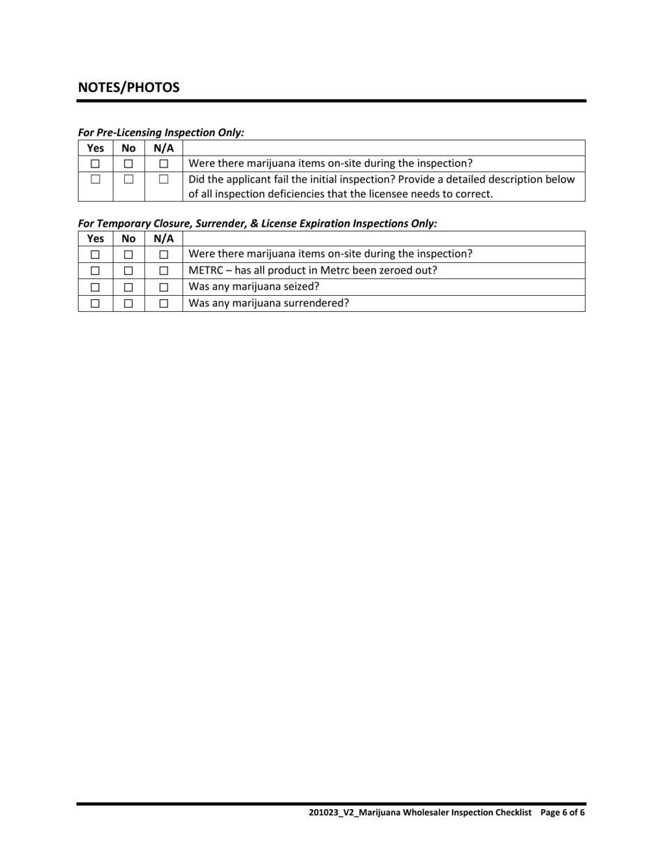 Marijuana Wholesaler Inspection Checklist - Oregon, Page 6