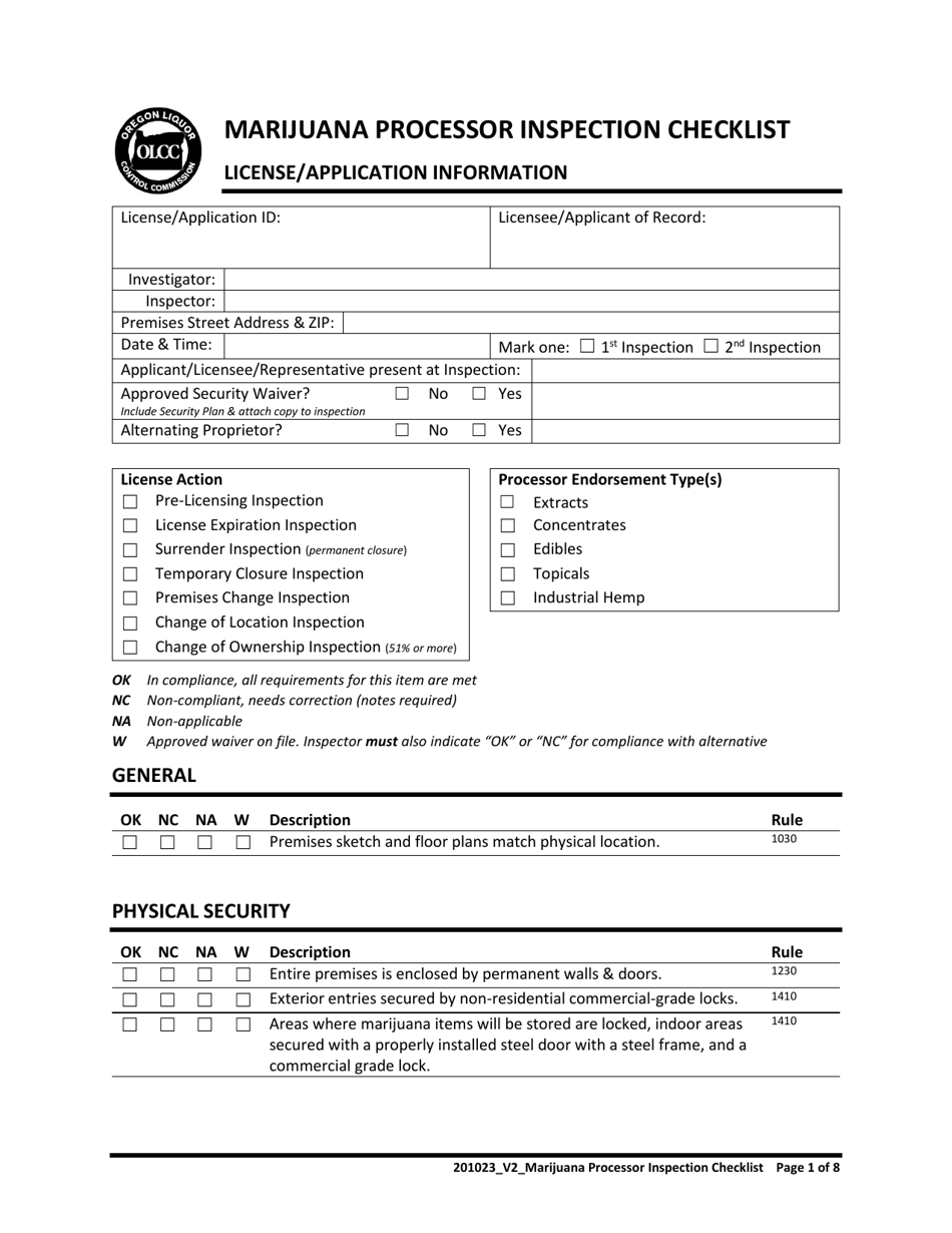 Marijuana Processor Inspection Checklist - Oregon, Page 1