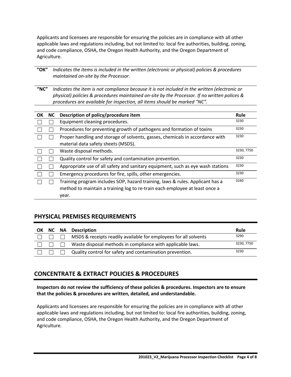Marijuana Processor Inspection Checklist - Oregon, Page 4