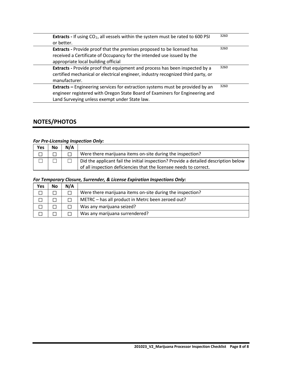 Marijuana Processor Inspection Checklist - Oregon, Page 8