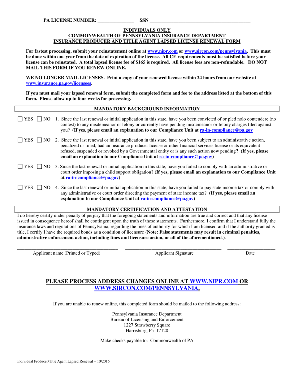 Individual Insurance Producer and Title Agent Lapsed License Renewal Form - Pennsylvania, Page 1