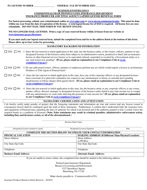 Business Entities Insurance Producer and Title Agency Lapsed License Renewal Form - Pennsylvania Download Pdf