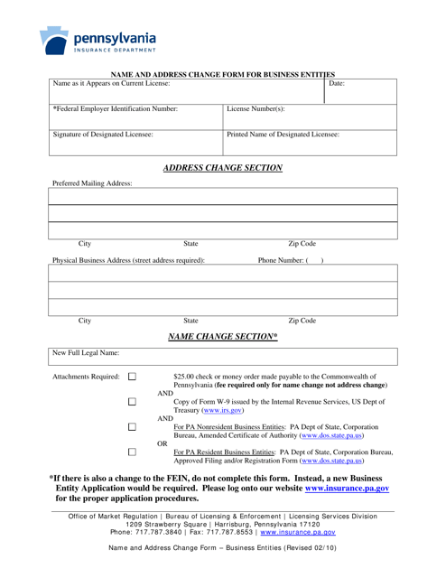 Name and Address Change Form for Business Entities - Pennsylvania Download Pdf