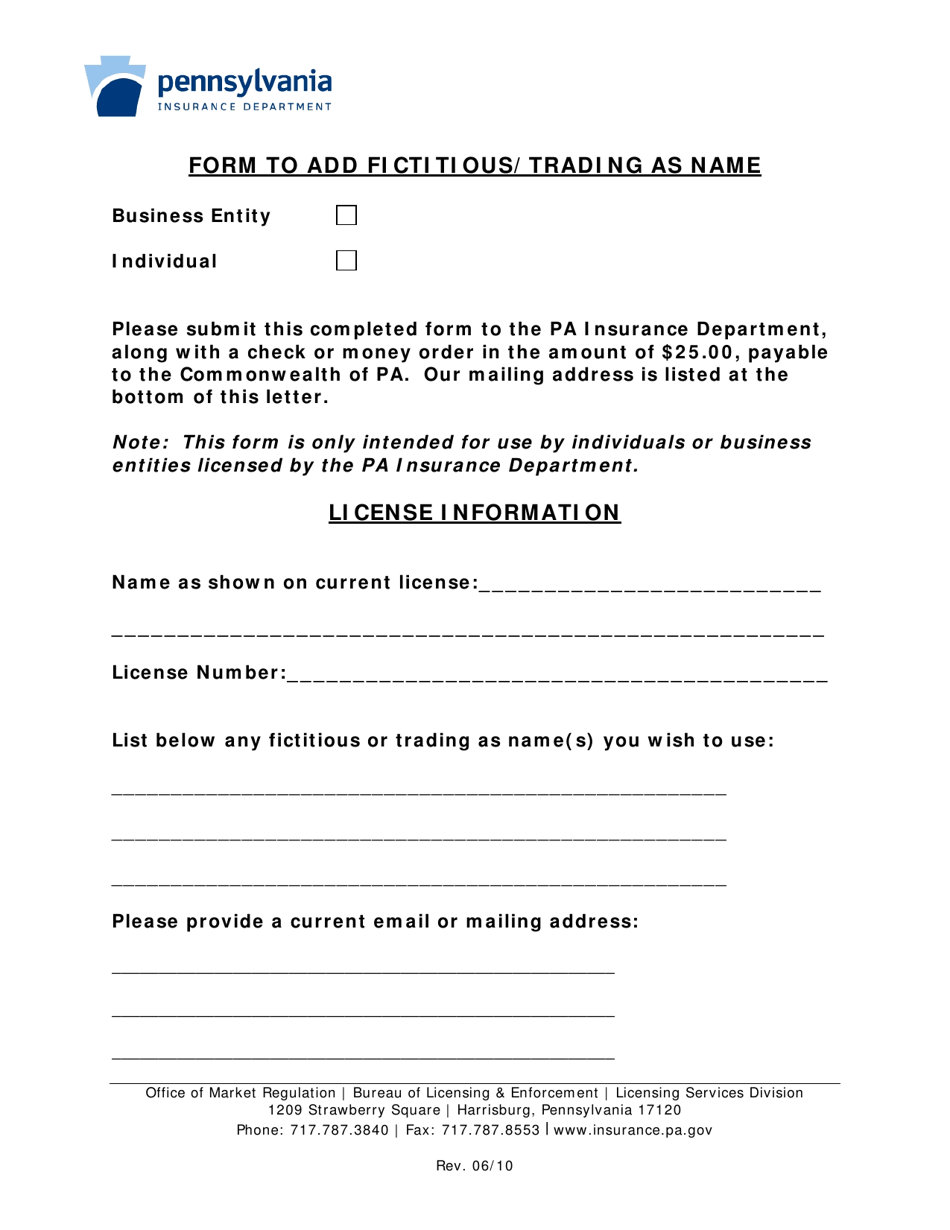 Form to Add Fictitious / Trading as Name - Pennsylvania, Page 1