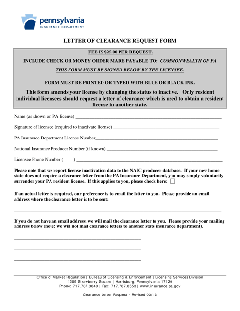 Letter of Clearance Request Form - Pennsylvania