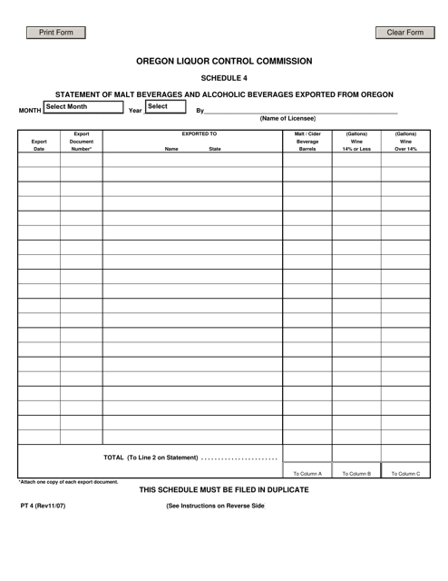Form PT4 Schedule 4 Statement of Malt Beverages and Alcoholic Beverages Exported From Oregon - Oregon