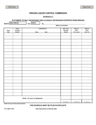Form PT4 Schedule 4 Statement of Malt Beverages and Alcoholic Beverages Exported From Oregon - Oregon