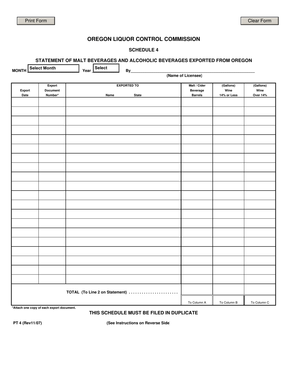 Form PT4 Schedule 4 Statement of Malt Beverages and Alcoholic Beverages Exported From Oregon - Oregon, Page 1