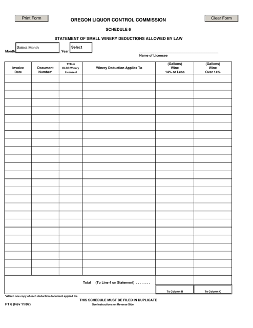 Form PT6 Schedule 6 Statement of Small Winery Deductions Allowed by Law - Oregon